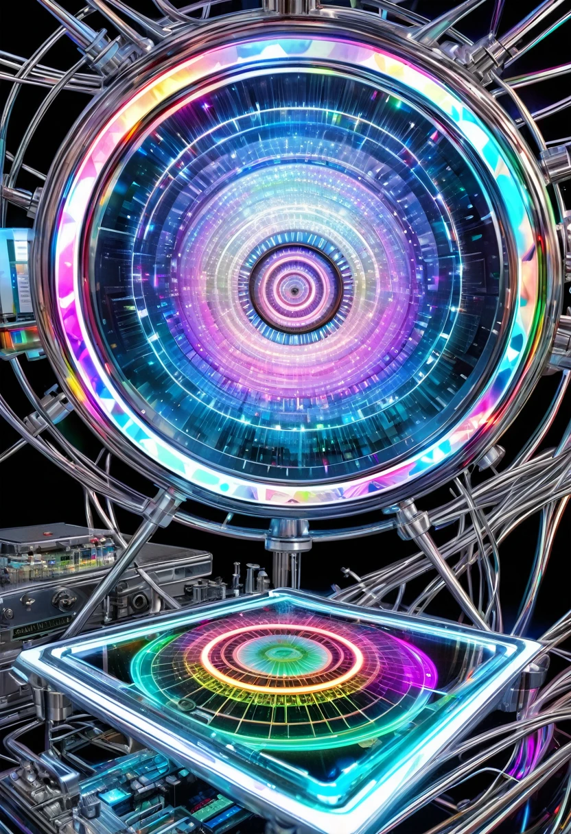 A UFO made of a metal-plated frame, a magic circle on the ground, and a kaleidoscope of iridescent neon lines in the sky, transparent, clear neon color, precision instruments, machines, machine parts, LED, wire cables, analyzers, labs, (ultra detailed, absolutely resolution, best quality:1.3), 2.5D, delicate and dynamic effects, artistic photography, hyper realistic, graphic CG digital art