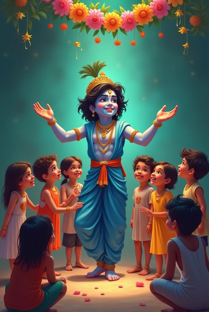 The image is a digital illustration of the Hindu deity, Lord Krishna, surrounded by a group of small children. The background is a dark green color with a garland of colorful flowers hanging from the top. Krishna is in the center of the image, with his arms outstretched and a big smile on his face. He is wearing a blue robe and has a crown on his head. The children around him are of different ages and ethnicities, and they are all looking up at him with curious expressions. The overall mood of the illustration is joyful and playful.