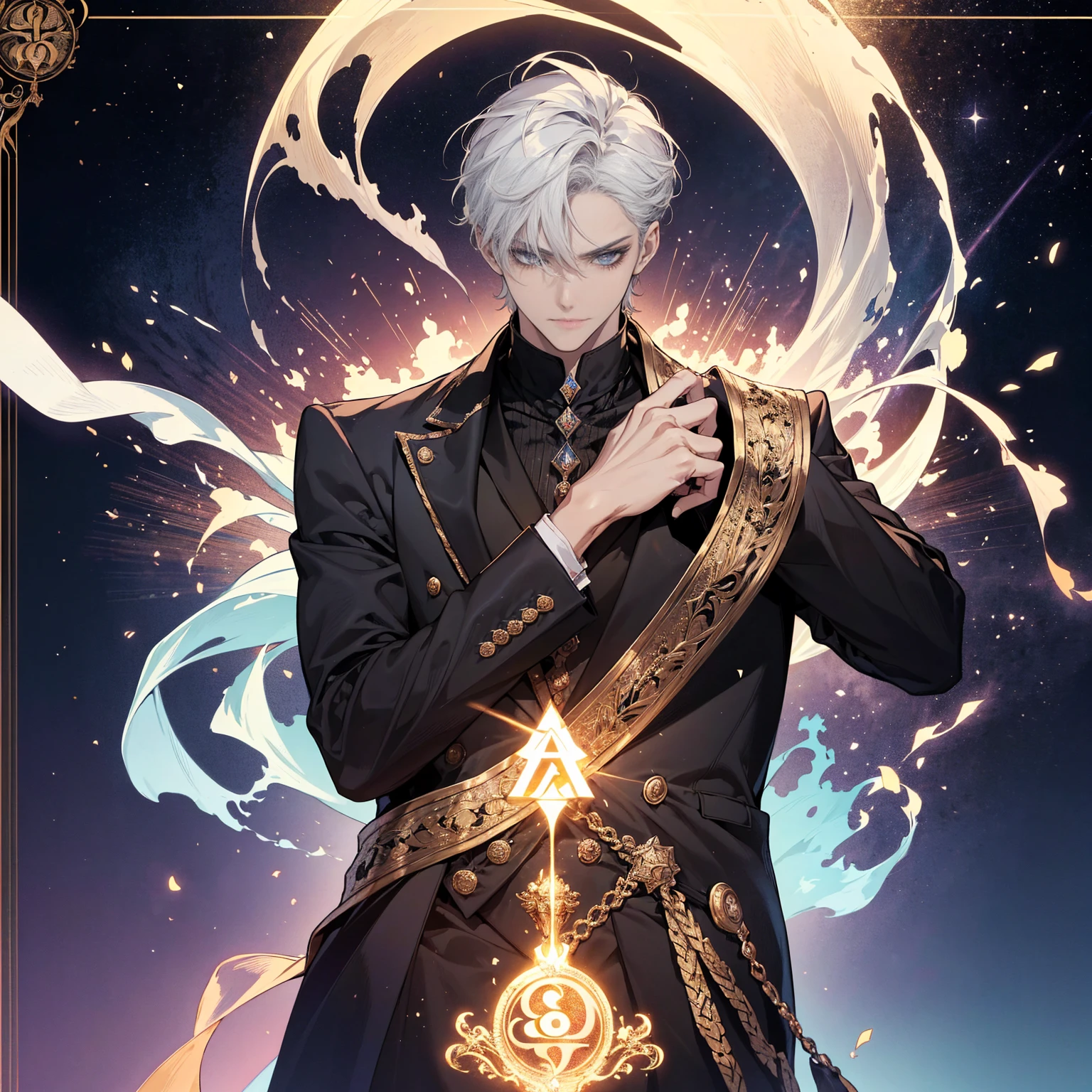 The Magician Tarot cards, (Young man, 1 man,short white hair, adult, handsome, Delicately detailed blue eyes and a detailed face., The demonic eyes stared at him., A mysterious mask covers his face., Best shots,special, (Broad shoulders)) (muscle),,night sky, Wear a black top hat.((มีTarot cardsประดับหมวก)),Stand with one arm extended and pointing towards the universe., and the other pointing down to the word. His positioning represents his connection between the spiritual realms and the material realms. The magician uses this relationship to create and manifest his goals in the physical realm.. He is the conduit for energy transformed into matter.. The magician's robe is white., It is a symbol of purity., And his coat was black., เป็นตัวแทนประสบการณ์และความรู้ทางword. บนโต๊ะตรงหน้าเขามีสัญลักษณ์สี่ชุดของTarot cards นั่นคือ ถ้วย, five pointed star, Sword and Wand – Each symbolizes one of the four elements – Water., word, air and fire. It's also a sign that he has all the tools. (and components) He needed to make his intentions known.. Overhead is an infinity symbol., And there was a snake biting its own tail around the waist. It was a sign that he could reach his limitless potential.. And the foreground was filled with all kinds of leaves and flowers., It symbolizes the blossoming and fruition of his ideas and aspirations..), Tarot cards, snake, spirit, The atmosphere is gloomy., Detailed lines, cinema, Black paper with colorful lines, luxurious, symmetrical, Tarot cards, Highly detailed, ink illustration, Peter Mohbacher's style, golden ratio, 4K ( By Alessandro Gottardo Victo I )