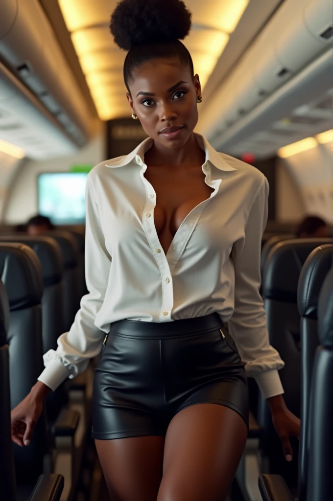 Black woman wearing leather short shorts White shirt hair in a bun on a plane Bending over