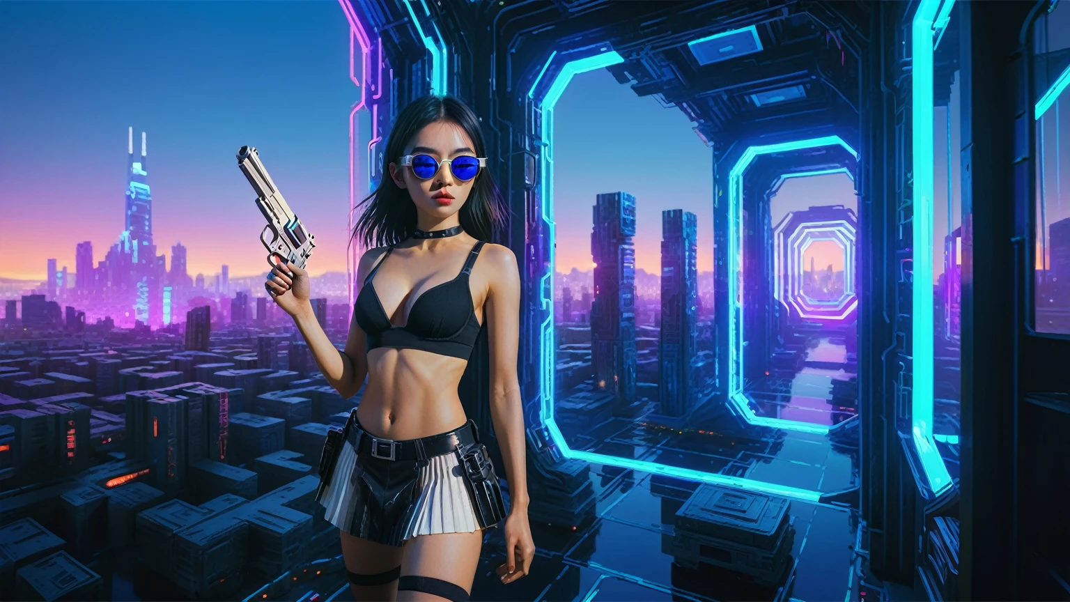 Cyberpunk female plagiarist immersed in digital theft, neon-lit alias within a vast online labyrinth, grotesque grunge brushing into surrealism, illuminated by kaleidoscopic volumetric light, a detailed masterpiece reminiscent of Moebius' distinctive style, deep focus, heightened depth field, psychedelic undertones amplified in a cinematic shot, aerial view of cyberpunk city at night, (((((1girl, solo))))), photo realistic, (((((large-breast:1.4 slim body, cleavage:1.4))))), (((off broken mini sling-shirt and black sling bra, extreamly short white pleated miniskirt, (((micro panty)))))), (((((running pose))))), (((((((matrix style black micro sunglasses))))))), ((((((((((aiming with a short gun)))))))))), (((((looking at camera))))), (((very low view))), (((((half-body thigh level medium shot))))), (((cinematic lighting))).