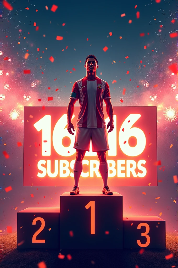 Prompt 2: "Design an illustration of Cristiano Ronaldo standing triumphantly on a podium with a large digital screen behind him showing '16 Million Subscribers' in bold, bright letters. The scene should exude a celebratory atmosphere with fireworks and confetti, emphasizing the achievement of reaching such a milestone in his online following