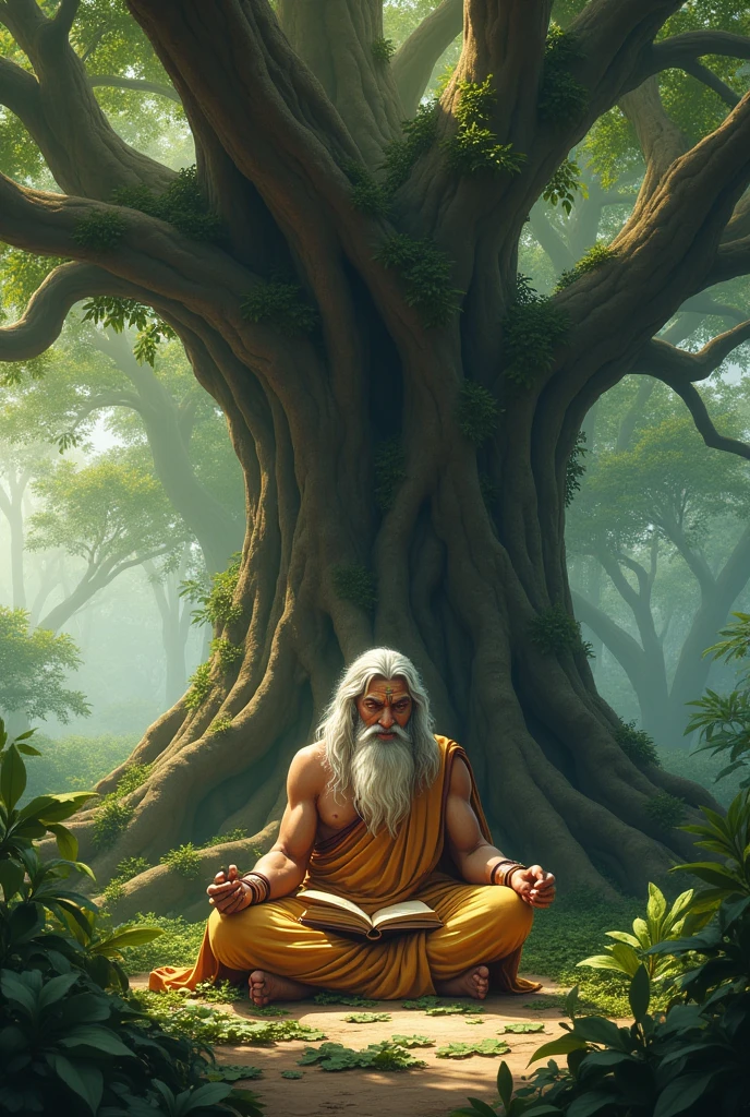 Rishi Vyasa in forest with devotion setting under the big banyan tree writing on leaves and thinking about wars and peace