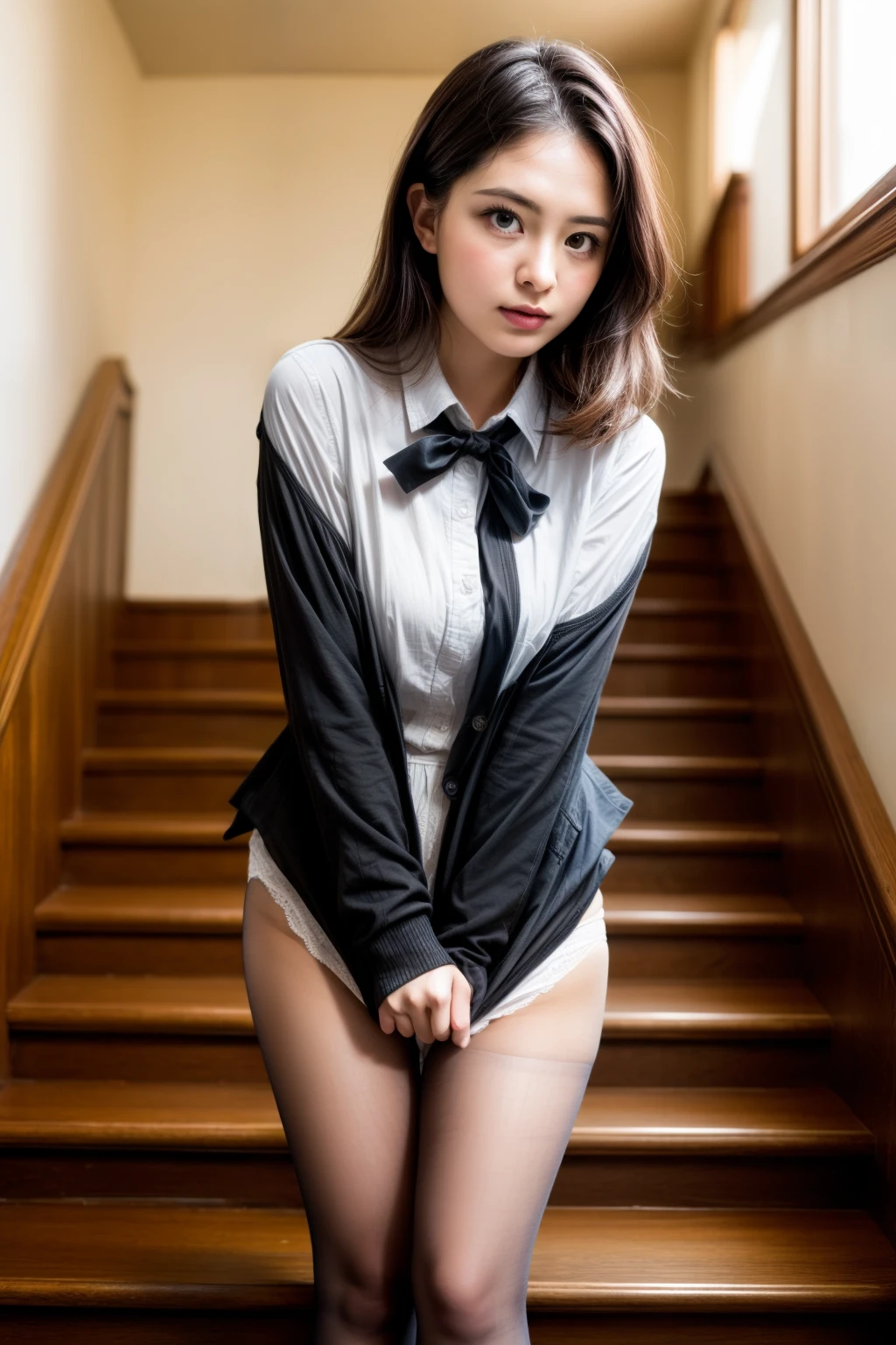 (masterpiece, Highest quality, High resolution, 超High resolution, Pixel perfect, Written boundary depth, 4K, RTTX10.0, High resolution))), (One Woman:1.3), Beautiful Real Woman, Beautiful art style, ((Detailed face:1.2)), ((Smooth texture:0.75, Realistic texture:0.5, Real CG style)), (Maximum resolution: 1.2), Cinema Lighting, ((Highest quality)), ((masterpiece)), (High resolution), 8k, Best Shadow, The best natural light, Cinematic, (Adult woman going down the stairs:1.2), (Brown Hair,)、shy、ponytail, Red ribbon, (Navy Blue Blazer, Brown cardigan, White shirt, Checked skirt))、(Navy blue socks)、((Front view))、(Angle from the front:1.1)、Station stairs、City Stairs, (Skirt flipped up by the strong wind:1.3), (A perfect skirt of uniform length:1.4), Stylish white side-tie lace panties, Ultra-realistic pantyhose:1.3、Pantyhose and skirt、Slender body,Beautiful thighs, (Embarrassed look), Pulling on skirt, Legitimate, Woman and consent photo shoot, Wind lift