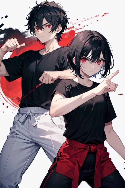 man with short messy black hair, with blood red eyes, dark circles around the eyes, wearing a black t-shirt with white pants with a black ribbon around the waist, SERIOUS LOOK, in a martial arts fighting pose like itadori's, Height of 1.75, cursed energy coming out around his hands like shadows, closed fists, defined muscles.