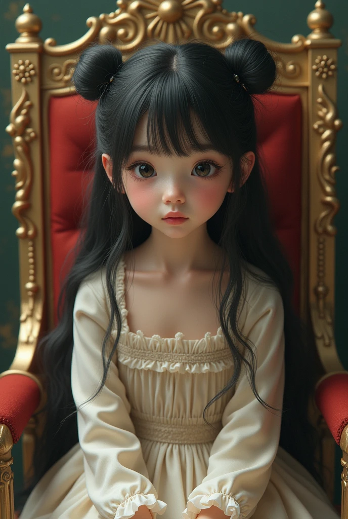 Young girl with black shiny hair and space buns, wearing a vintage long sleeved bodice with a flowy dress underneath, sitting on a throne shyly looking up with a blush on her face