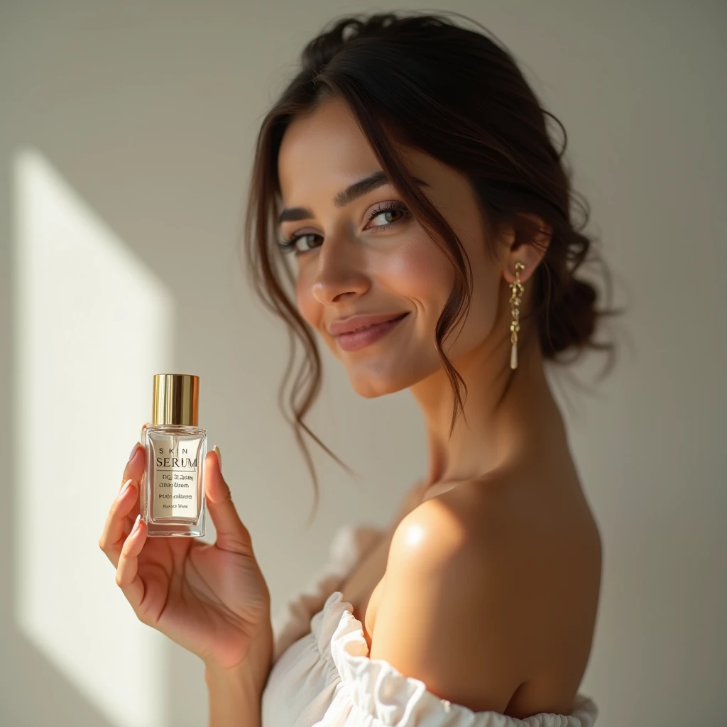 Pakistani beautiful actress, holding skin serum in hand, photography