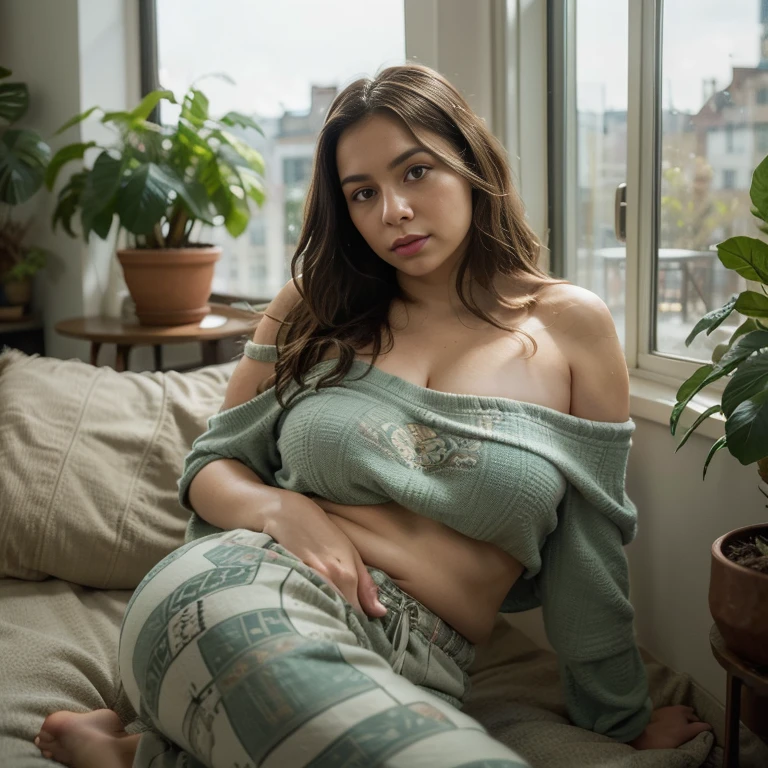 (photorealism:1.2), beautiful woman, brunette, brown eyes, plump, sitting on bed, wearing loose off-shoulder top, pajama pants, long hair, indoors, soft lighting, plants in background, window with sunlight, cozy room, relaxed pose, realistic, intricate details, warm colors, by Greg Rutkowski, by Alphonse Mucha