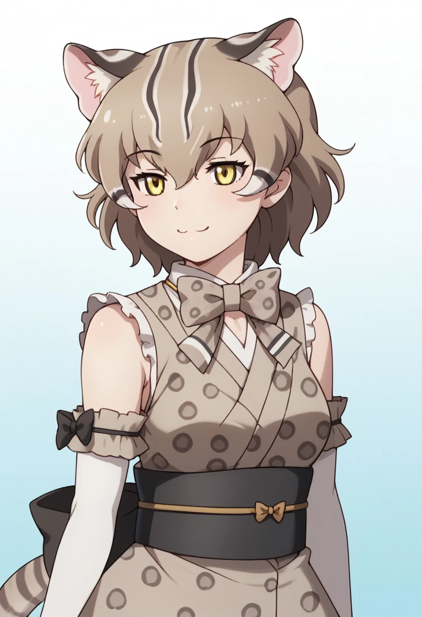 Score_9, Score_8_up, Score_7_up, Score_6_up, Score_5_up, Score_4_up, source_anime, anime style, 1girl,tsushima leopard cat \(kemono friends\), 1girl, cat ears, animal ear fluff, yellow eyes, multicolored hair, brown hair, short hair, cat tail, animal print, leopard print, print bowtie, print kimono, sleeveless, sash, print skirt, back bow, fur-trimmed gloves, print gloves, elbow gloves, fur-trimmed skirt, print legwear,anime coloring, aged down, cute, upper body, happy