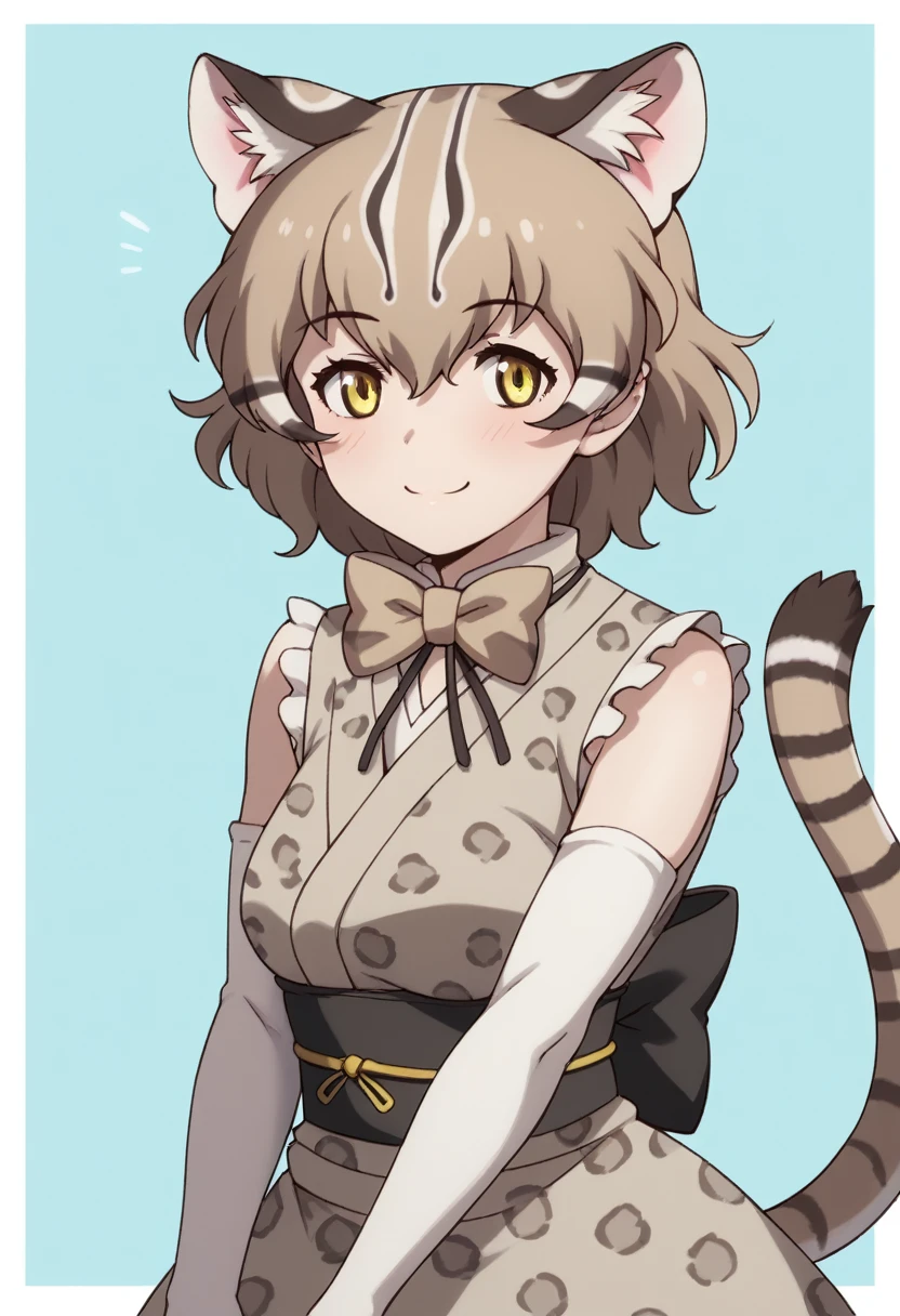 Score_9, Score_8_up, Score_7_up, Score_6_up, Score_5_up, Score_4_up, source_anime, anime style, 1girl,tsushima leopard cat \(kemono friends\), 1girl, cat ears, animal ear fluff, yellow eyes, multicolored hair, brown hair, short hair, cat tail, animal print, leopard print, print bowtie, print kimono, sleeveless, sash, print skirt, back bow, fur-trimmed gloves, print gloves, elbow gloves, fur-trimmed skirt, print legwear,anime coloring, aged down, cute, upper body, happy