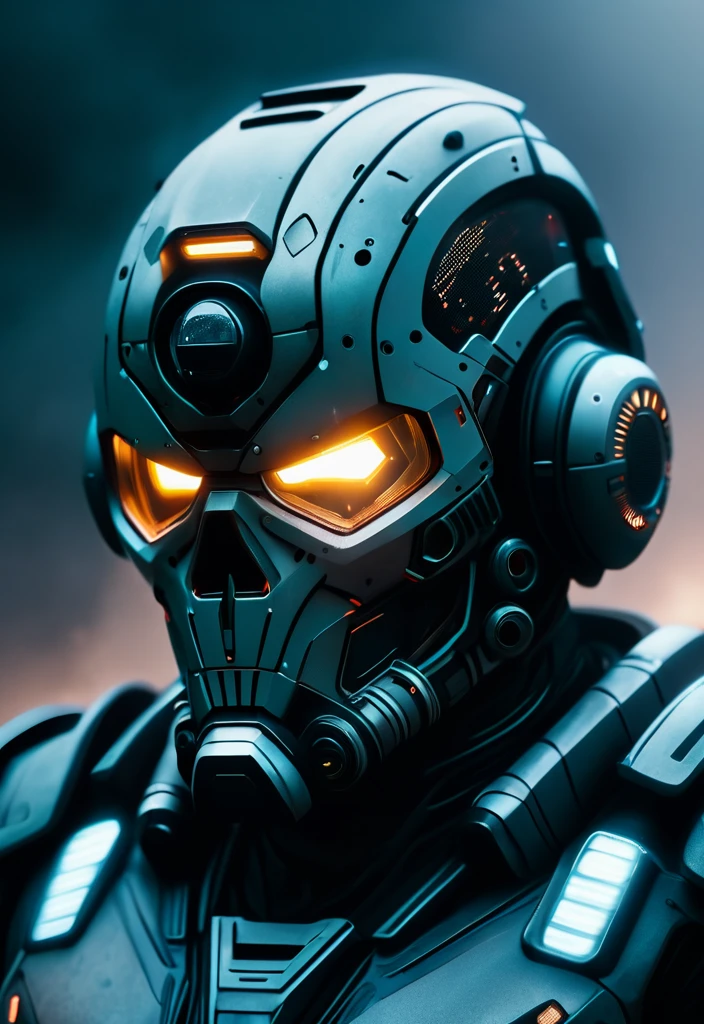 movie screenshot of the high tech futuristic martian invader skull mask, heavy armor suit, science fiction, dark, foggy, ultra detailed, hd, 8k