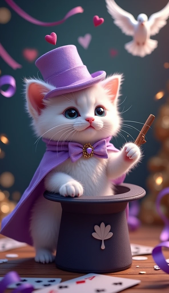 Cute miniature 'light purple and white' kitten standing as magician costume having cap in its hand in the inverted form where white dove is flying out from the cap. wand, ribbon, cards as background.