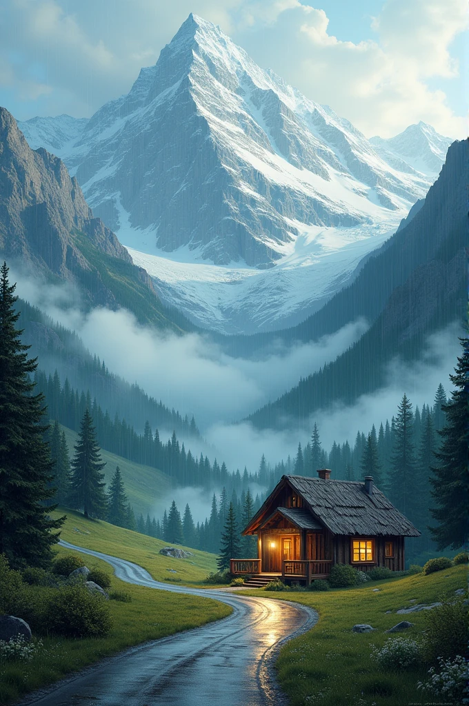 Mountain rain and snow in beautiful nature and little house on the road 