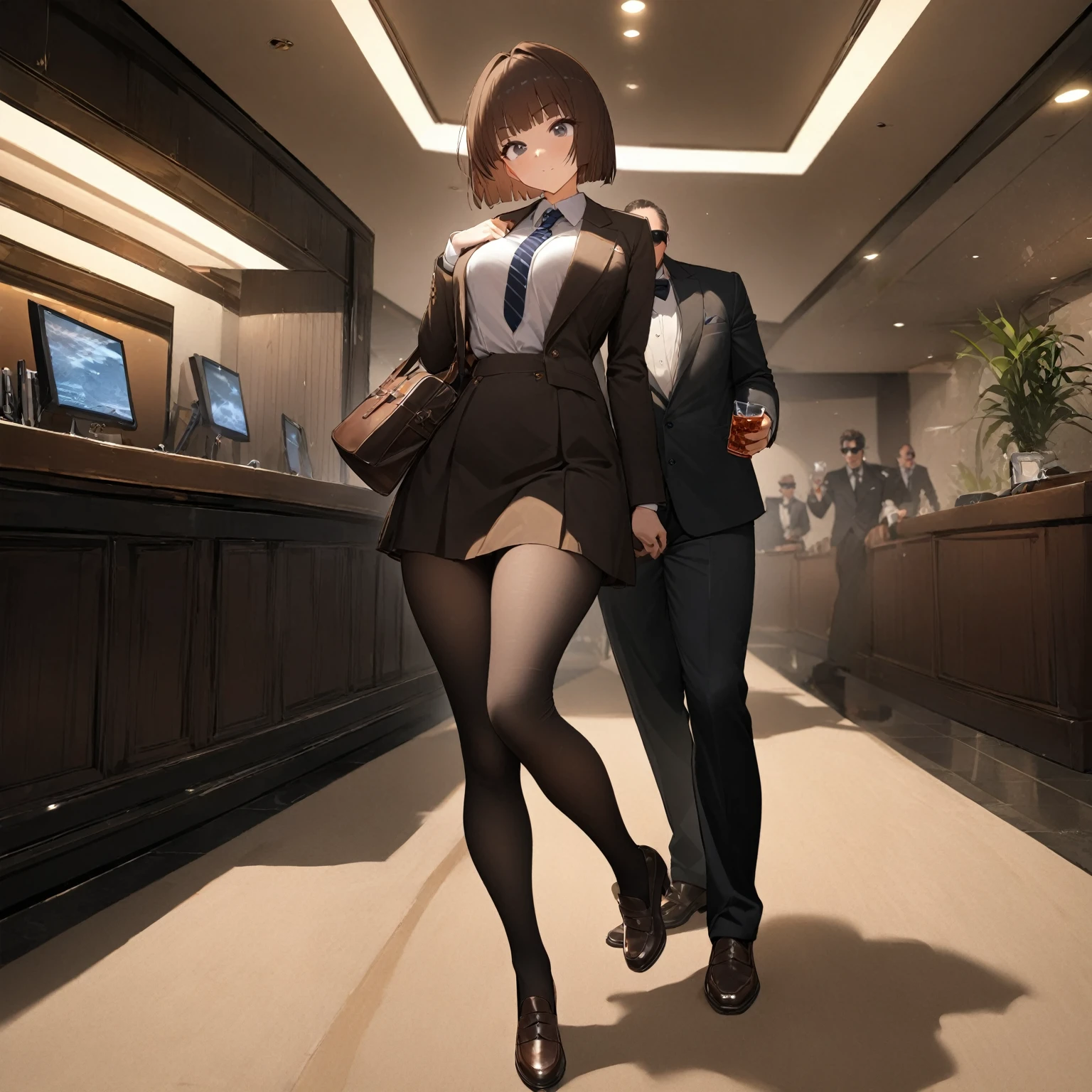 1girl,brown hair,hime_cut ,black eyes,small breasts,brown school uniform,looking at viewer,full body,1man,40years old,black suit,sunglasses,gentleman,masterpiece, best quality, very aesthetic, absurdres,new est,indoor