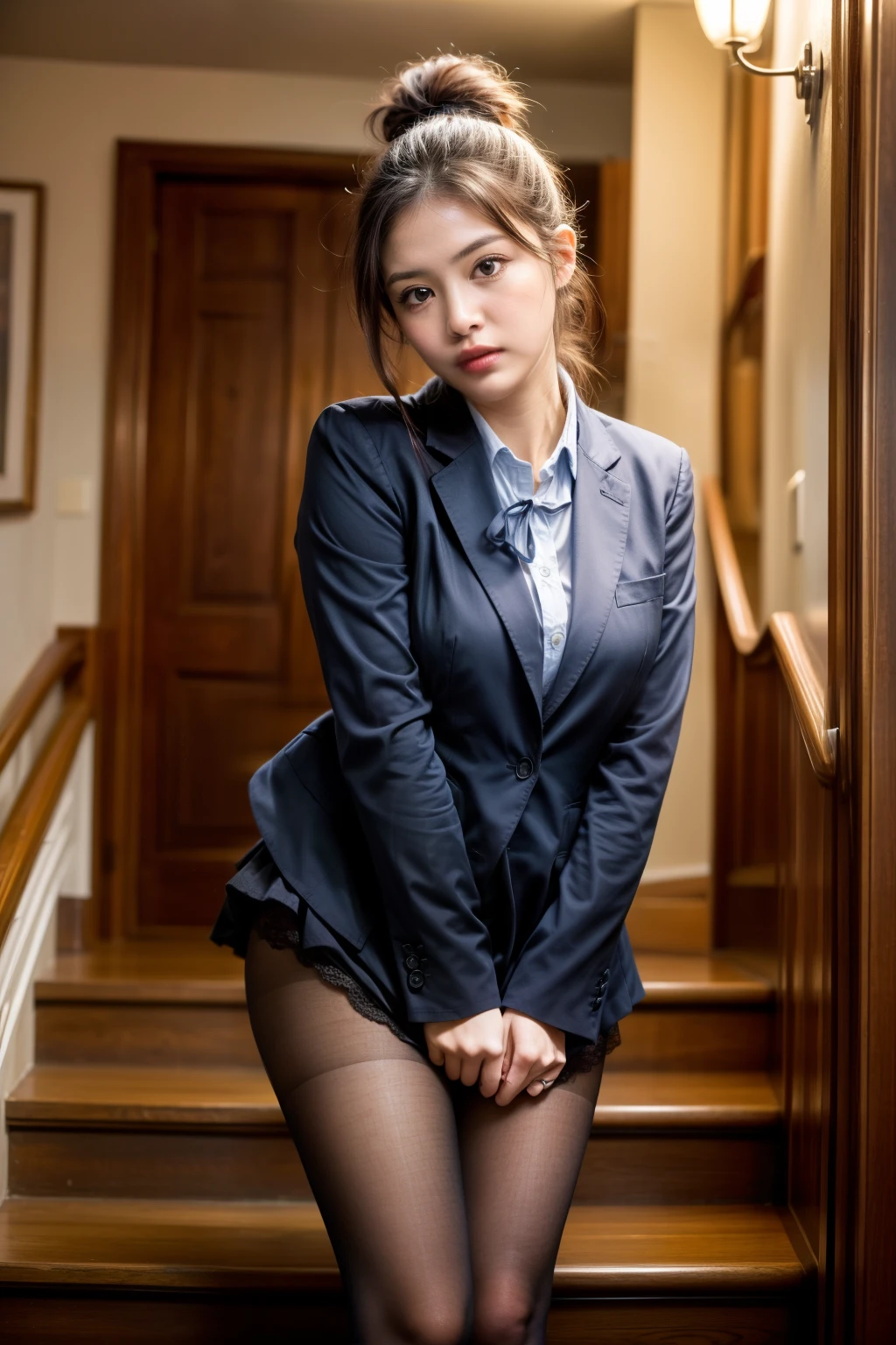 (masterpiece, Highest quality, High resolution, 超High resolution, Pixel perfect, Written boundary depth, 4K, RTTX10.0, High resolution))), (One Woman:1.3), Beautiful Real Woman, Beautiful art style, ((Detailed face:1.2)), ((Smooth texture:0.75, Realistic texture:0.5, Real CG style)), (Maximum resolution: 1.2), Cinema Lighting, ((Highest quality)), ((masterpiece)), (High resolution), 8k, Best Shadow, The best natural light, Cinematic, (Adult woman going down the stairs:1.2), (Brown Hair,)、shy、ponytail, Red ribbon, (Navy Blue Blazer, Brown cardigan, White shirt, Checked skirt))、(Navy blue socks)、((Front view))、(Angle from the front:1.1)、Station stairs、City Stairs, (Skirt flipped up by the strong wind:1.3), (A perfect skirt of uniform length:1.4), Stylish white side-tie lace panties, Ultra-realistic pantyhose、Pantyhose and skirt、Slender body,Beautiful thighs, (Embarrassed look), Pulling on skirt, Legitimate, Woman and consent photo shoot, Wind lift
