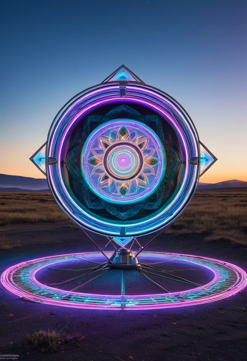A UFO made of a metal-plated frame, a magic circle on the ground, and a kaleidoscope of iridescent neon lines in the sky, transparent, clear neon color, precision instruments, machines, machine parts, LED, wire cables, analyzers, labs, (ultra detailed, absolutely resolution, best quality:1.3), 2.5D, delicate and dynamic effects, artistic photography, hyper realistic, graphic CG digital art