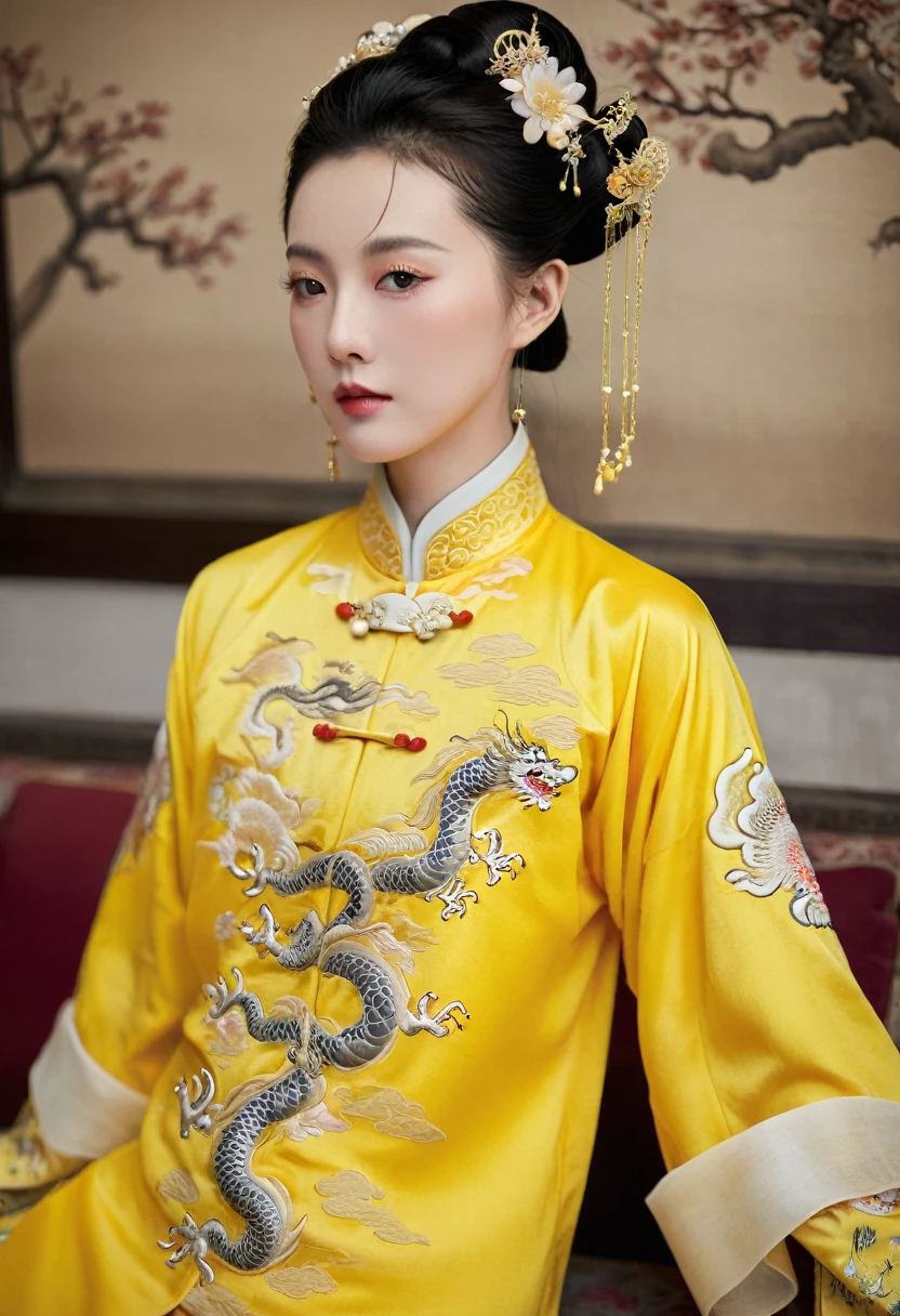 A woman from the Qing dynasty is wearing a yellow Manchu costume embroidered with small dragons, and has completely stripped off her clothes. The background is the luxurious Empress&#39;s Palace of the Qing dynasty.