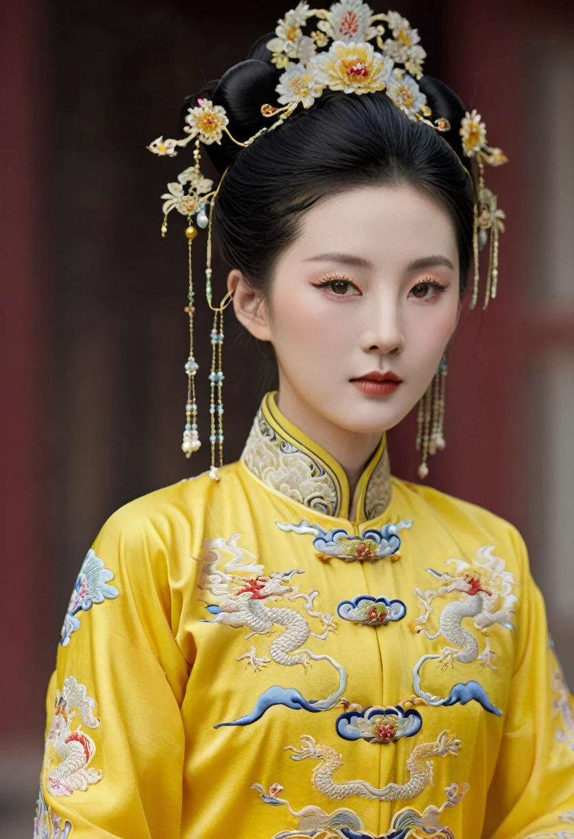 A woman from the Qing dynasty is wearing a yellow Manchu costume embroidered with small dragons, and has completely stripped off her clothes. The background is the luxurious Empress&#39;s Palace of the Qing dynasty.