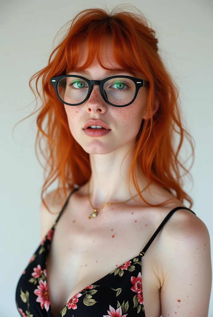 beautiful redhead Caucasian European woman, (innocent:1.4), , iPhone xmax photo,, (wearing flower short sundress and nerd glasses:1.4) , white background, large round breasts, freckles , gothic style innocent nerd girl, skin imperfections, (freckles:0.6), amateur model photoshoot