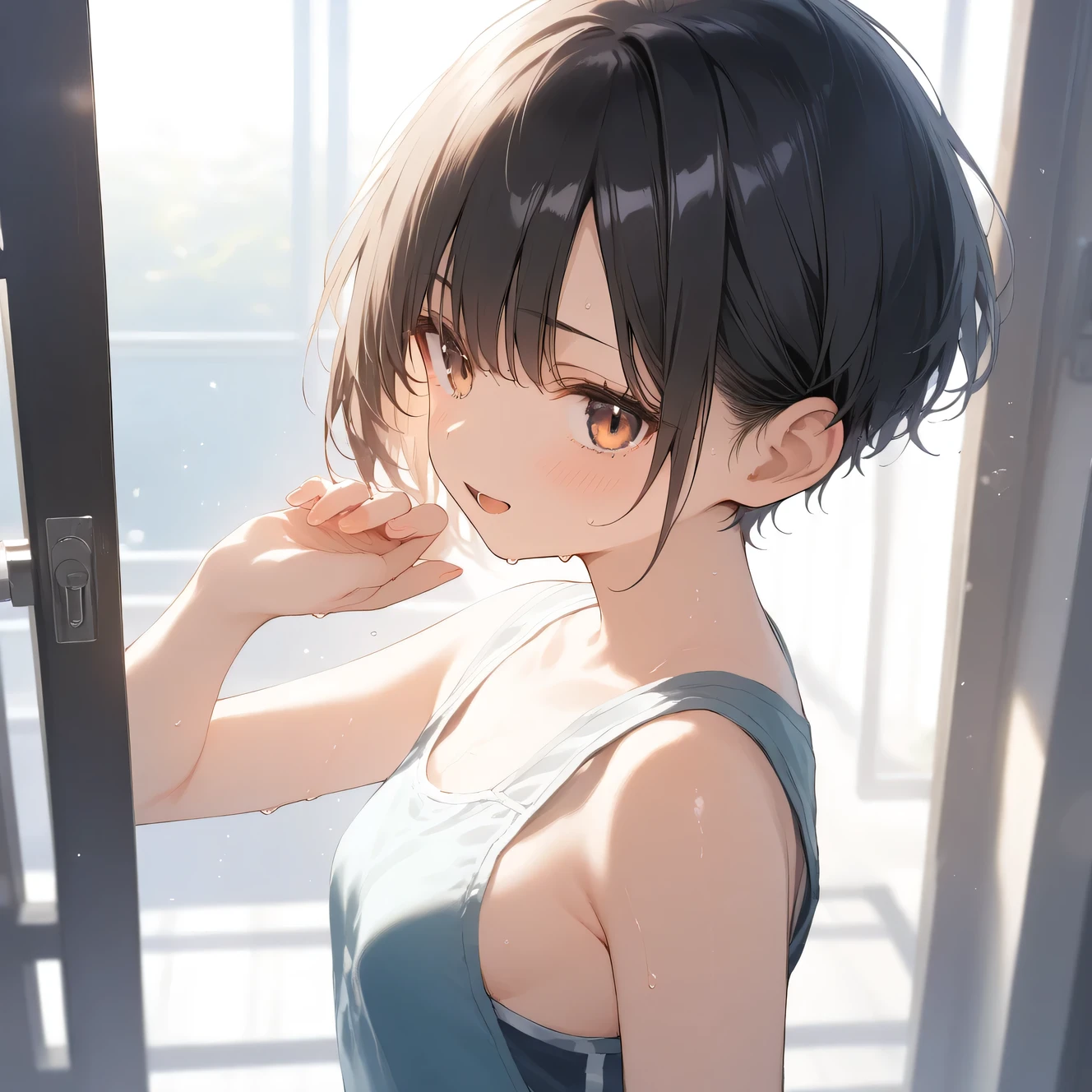 score_9, score_8_up, score_7_up, source_anime, best quality, masterpiece, official art, absurdres, highres, ultra-detailed,waifu2x,Collection: Slice of Life,break,1girl, short hair, pixie cut, flipped hair, small breasts, beautiful (well-shaped) breasts,beautiful detailed eyes, sweat, gym shorts, (wavy mouth:0.3), open mouth, outdoors, (Detailed Lighting), (Detailed background),break,(clear line illustration:1.2), super detailed skin,very high resolution, very aesthetic, Best sexual lighting powered by famous artist, 8k, 16k, cute picture,beauty illustration,photoshop_(medium),,(Detailed Lighting),best anime 8k konachan wallpaper, pixiv contest winner,
