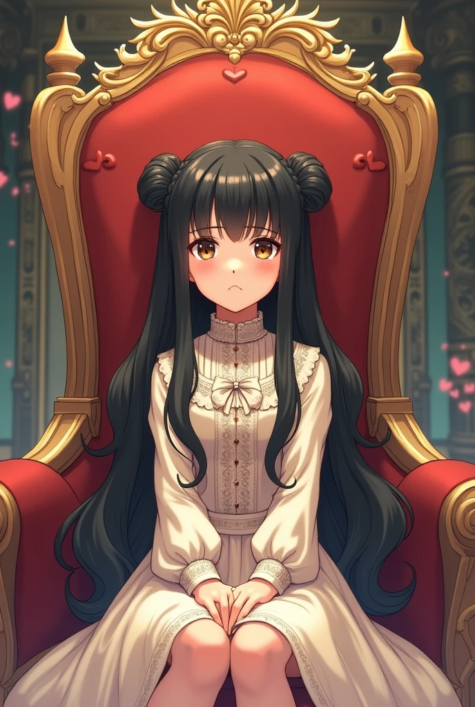 Young girl with black shiny hair and space buns, wearing a vintage long sleeved bodice with a flowy dress underneath, sitting on a throne shyly looking up with a blush on her face (manga)