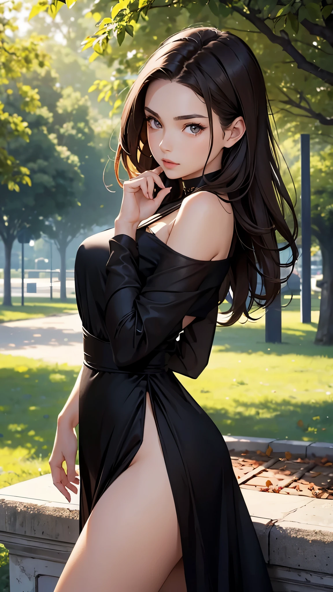 Beautiful brunette girl with brown eyes and shoulder length hair in black dress sensual model pose in a park sunny clear day photo shoot