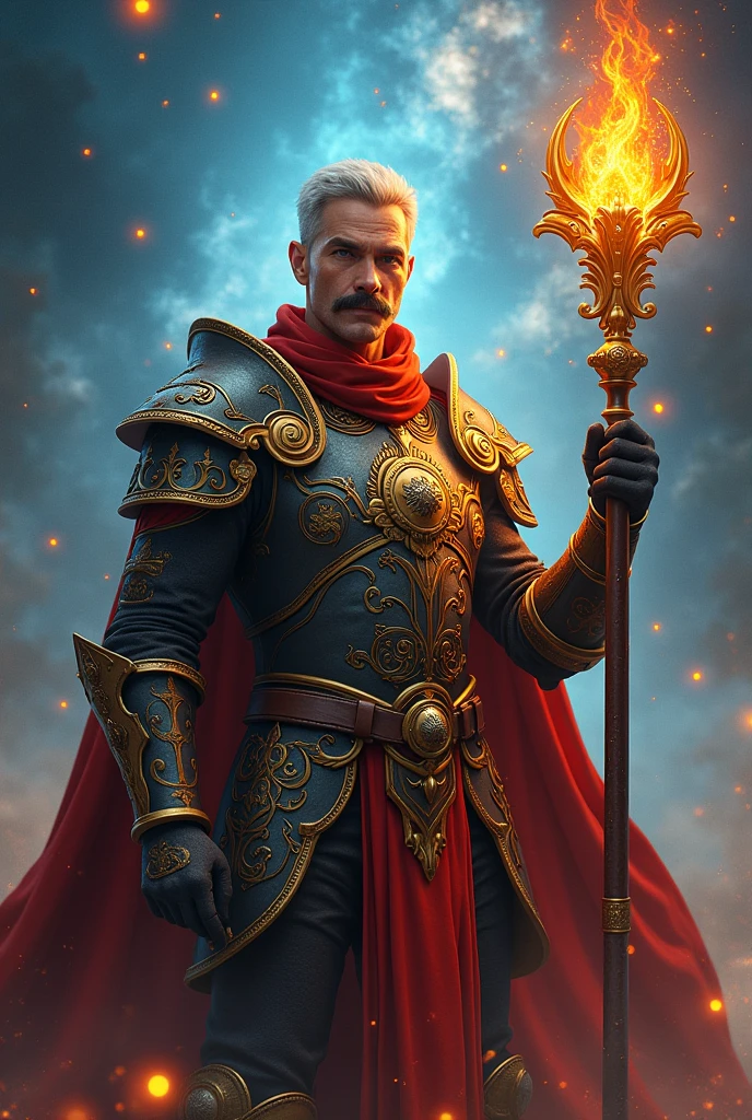Can you generate me an image that shows a legendary warrior?, Marien l&#39;arpette de feu, celestial guide and master of the arcane he is a short-haired mage knight with a mustache he holds a magic staff 