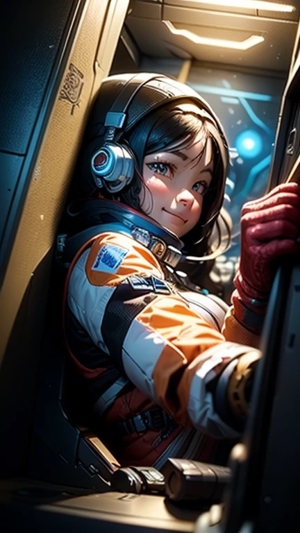 (((masterpiece))), (((Highest quality))), ((Very detailed)), (Highly detailed CG illustrations), ((Very delicate and beautiful)),(From the side),Cinematic Light,The moment when a girl climbs into the cockpit、Long black hair、Japanese、In the cockpit，Starry Sky, Big Clouds,colored glaze,Golden Universe，Space Station、Preparing for takeoff、Spacesuit、Aiming for Andromeda、Toa Heavy Industries decals、Lonely smile，A cable connects the body to a small spacecraft、Close the hatch，Complex Instrumentation
