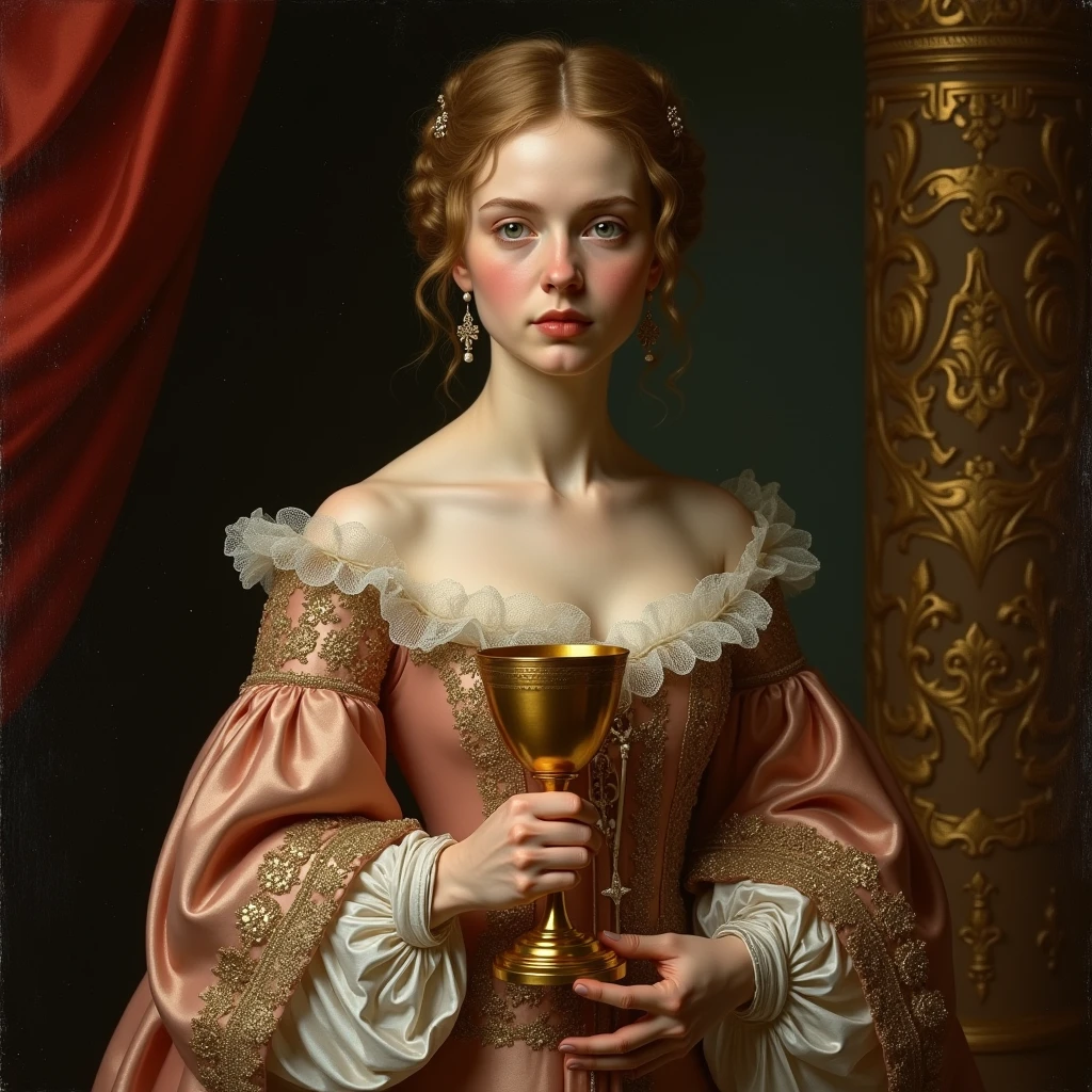 A Renaissance-style portrait of a noblewoman in a lavish gown, holding a golden chalice