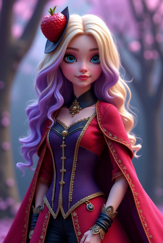 Imagem do filho da Raven Queen e da Apple White de Ever After High: A teenager, with blonde hair with purple, Caucasian skin, blue colored eyes, red and purple outfit with apple and crow elements on the outfit 