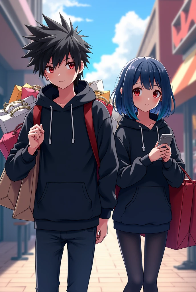 A boy ((( Anime boy , Spiky hair , black hair , black hoodie , blood red eyes , narrowed eye , carrying alot of bags ))) , A girl ((( Anime girl , dark blue hair , modern day mullet hair style , black hoodie , red eyes , almond eye , using phone ))) , shopping background