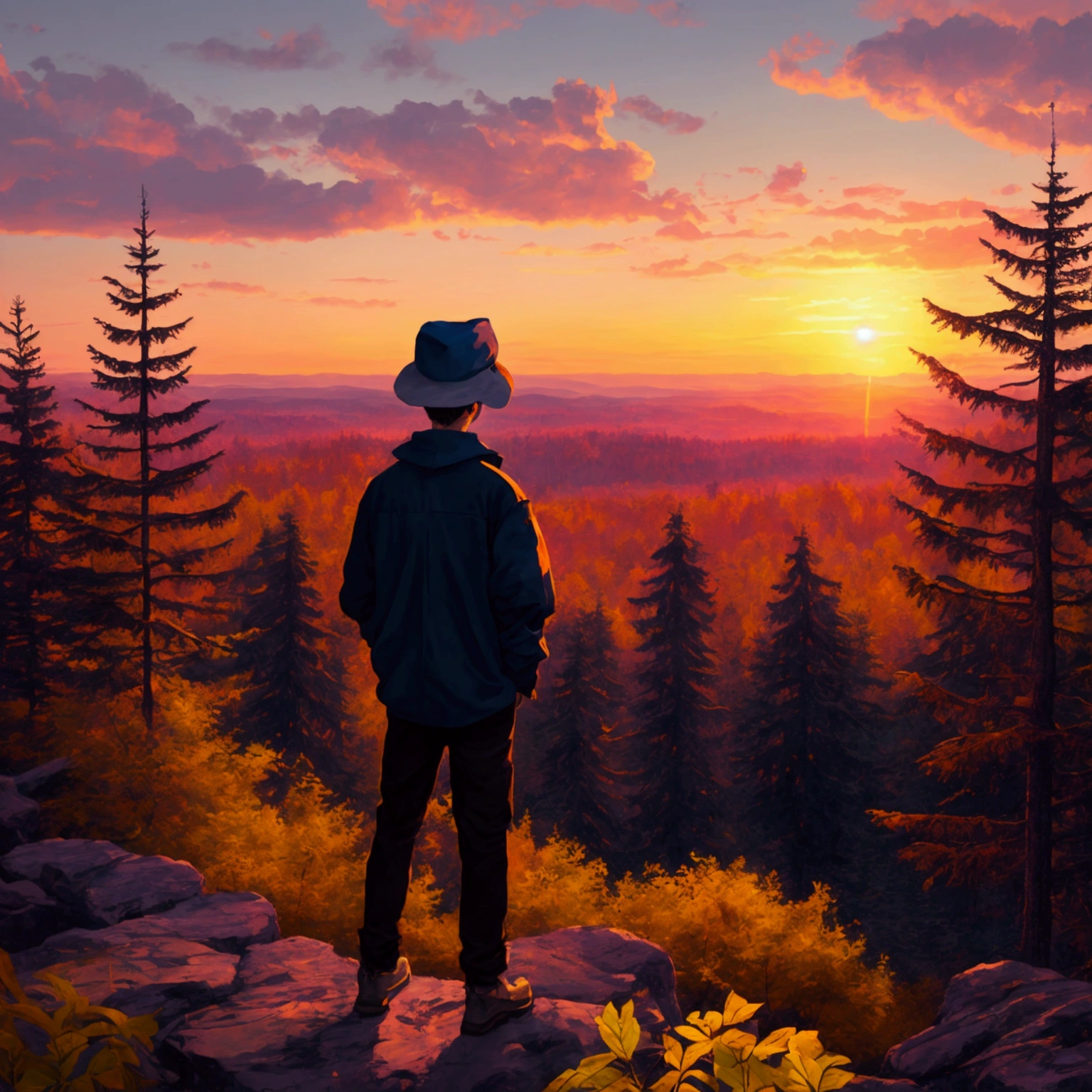 Album Artwork of a forest landscape featuring a sunset with VIBRANT COLORS AND a boy of 20 years in the rooftop of a building swearing urban clothes with a conic douli hat without revealing his face.