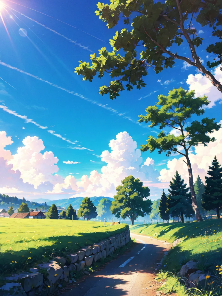 Green Alps in anime style,With bright blue sky and sunshine