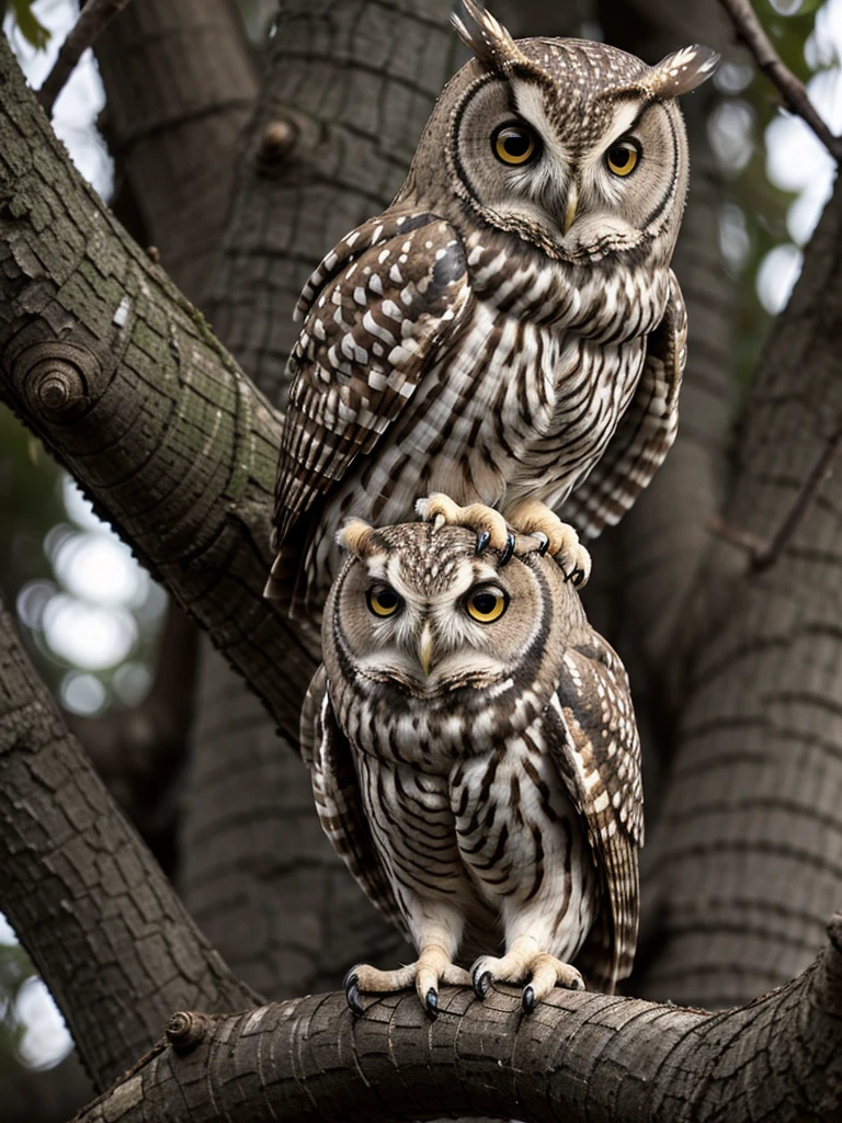 On the tree,small,owl,owl,old,Sepia,era,young,whole body,Life-size,Classic