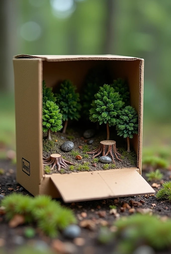 Alot of deforestation in tempered climate model in a small cardboard box that is covered at all sides except the front which makes the cardboard facing front