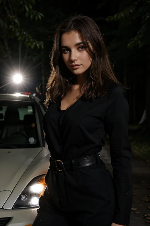 Jeune femme brune aux formes généreuses qui tente de changer une de roues crever de sa voiture sur une route de forêt au debut de la nuit sous une pluie battante.