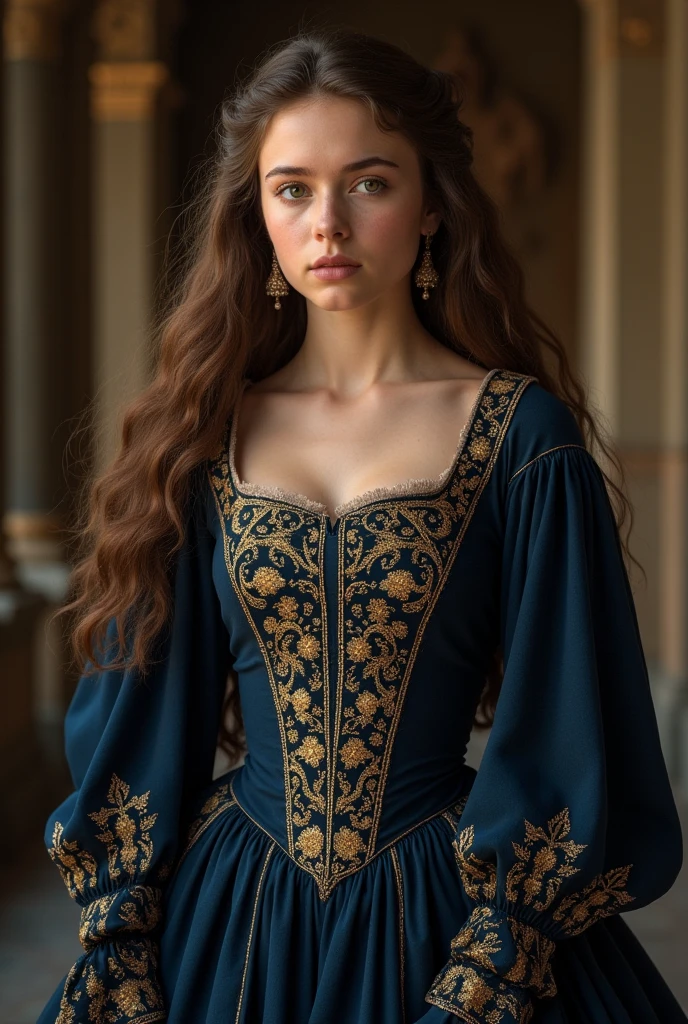 Olivia Cooke wearing a medieval dark blue dress with Golden details, long brown hair, Young, ultrarealistc, realistic