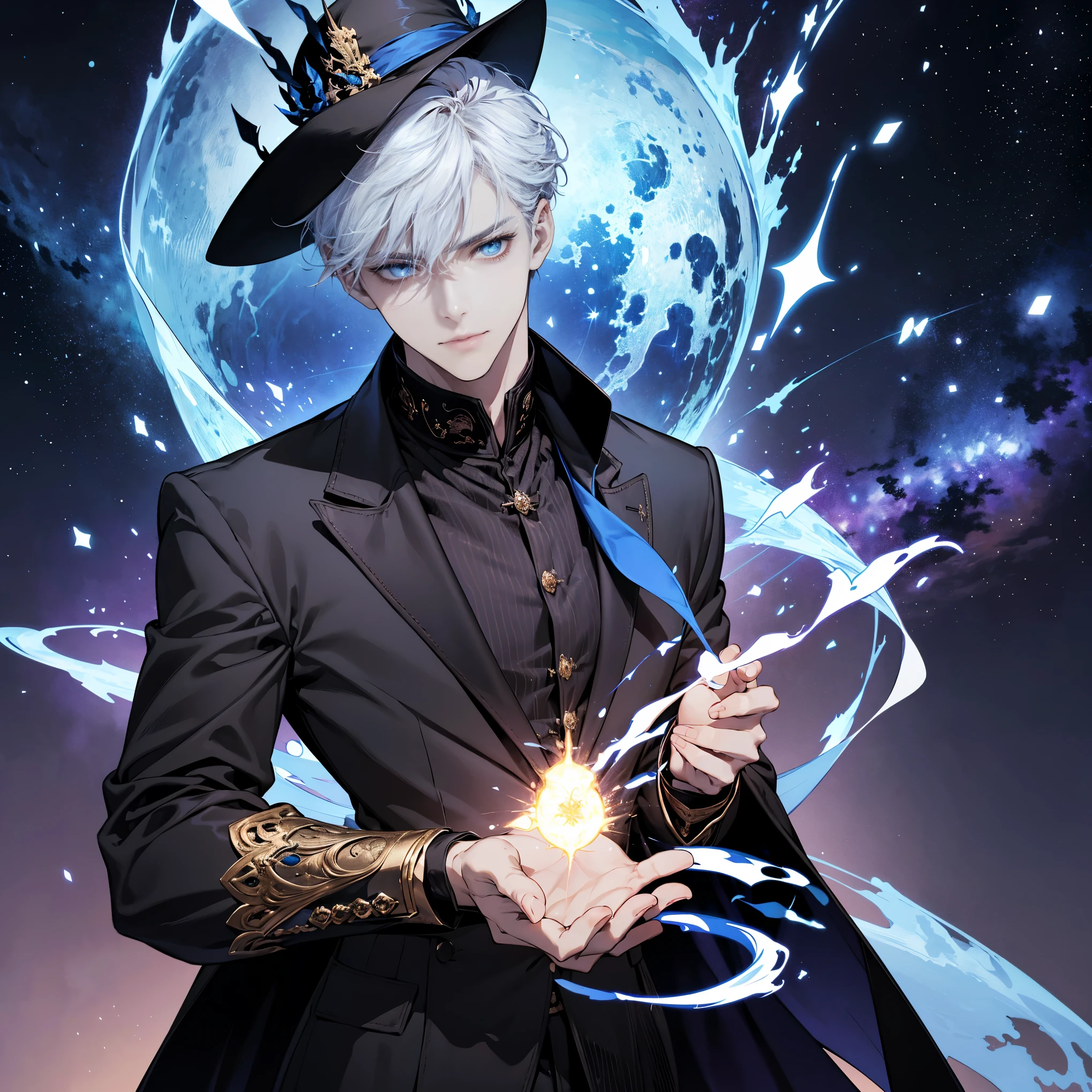 The Magician Tarot cards, (Young man, 1 man,short white hair, adult, handsome, Delicately detailed blue eyes and a detailed face., The demonic eyes stared at him., A mysterious mask covers his face., Best shots,special, (Broad shoulders)) (muscle),,night sky, Wear a black top hat.((มีTarot cardsประดับหมวก)),Stand with one arm extended and pointing towards the universe., and the other pointing down to the word. His positioning represents his connection between the spiritual realms and the material realms. The magician uses this relationship to create and manifest his goals in the physical realm.. He is the conduit for energy transformed into matter.. The magician's robe is white., It is a symbol of purity., And his coat was black., เป็นตัวแทนประสบการณ์และความรู้ทางword. บนโต๊ะตรงหน้าเขามีสัญลักษณ์สี่ชุดของTarot cards นั่นคือ ถ้วย, five pointed star, Sword and Wand – Each symbolizes one of the four elements – Water., word, air and fire. It's also a sign that he has all the tools. (and components) He needed to make his intentions known.. Overhead is an infinity symbol., And there was a snake biting its own tail around the waist. It was a sign that he could reach his limitless potential.. And the foreground was filled with all kinds of leaves and flowers., It symbolizes the blossoming and fruition of his ideas and aspirations..), Tarot cards, snake, spirit, The atmosphere is gloomy., Detailed lines, cinema, Black paper with colorful lines, luxurious, symmetrical, Tarot cards, Highly detailed, ink illustration, Peter Mohbacher's style, golden ratio, 4K ( By Alessandro Gottardo Victo I )