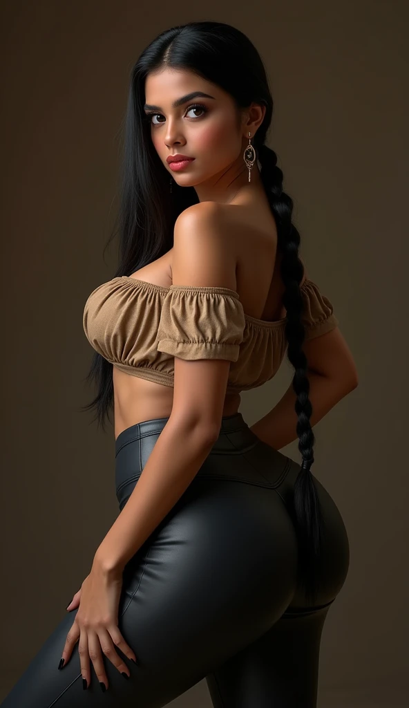 hot slim curvy white south indian milf with long single plaited hairstyle, big breast, big hip, very big ass, thick thighs, woman wearing loose-off shoulder top and leggings, bending over, sexy pose, looking at camera, close-up potrait