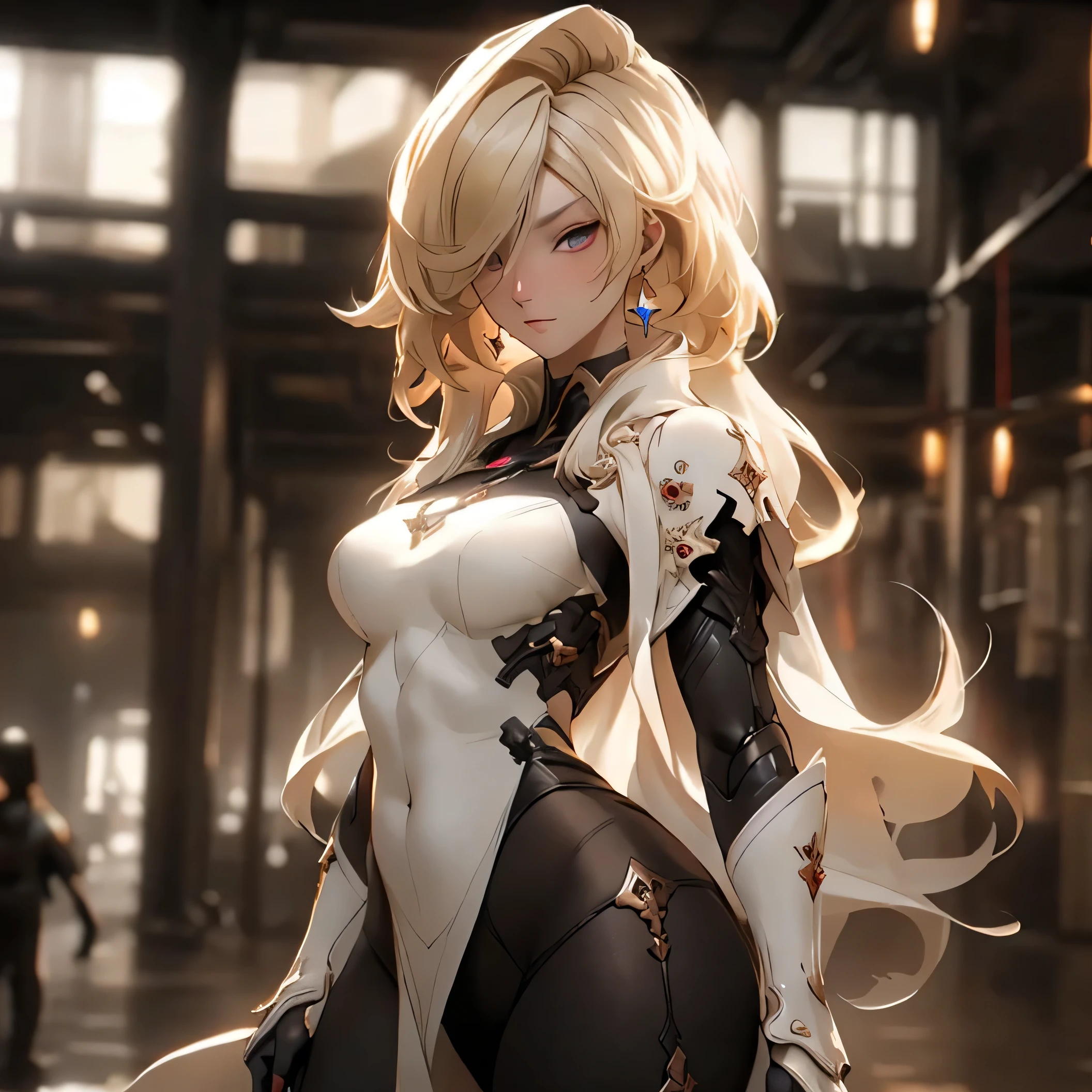 (best quality)), ((Masterpiece)), (details:1.4), 3d, HDR (high dynamic range), an image of a beautiful cyberpunk female, Blonde hair, Curtain Bangs, Red eyes, hips up, จมูกโด่ง, ปากแดง, หน้าอกใหญ่, nvidia RTX, PBR surface, After processing, Anisotropic filtration,depth of field, Maximum clarity and clarity, multi-layered surface, Subsurface tering, perfect proportions, 8K raw files, ultra detailed, Perfect proportions, volumetric lighting, soft lighting, Holy Knight, Heavy black Armor, glossy skin, gorgeous, intricate grey background, strong back lighting, jewely, ต่างหู, นิ้วมือสมบูรณ์, กระโปรงสั้น