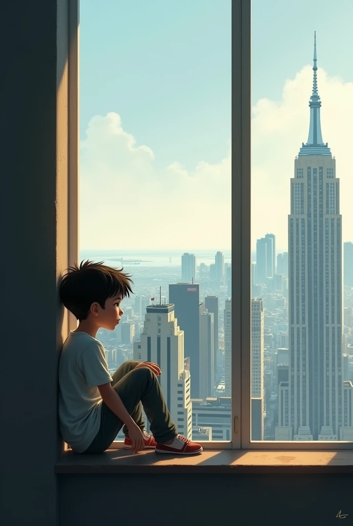 Alone boy seting window thinking something
See the city