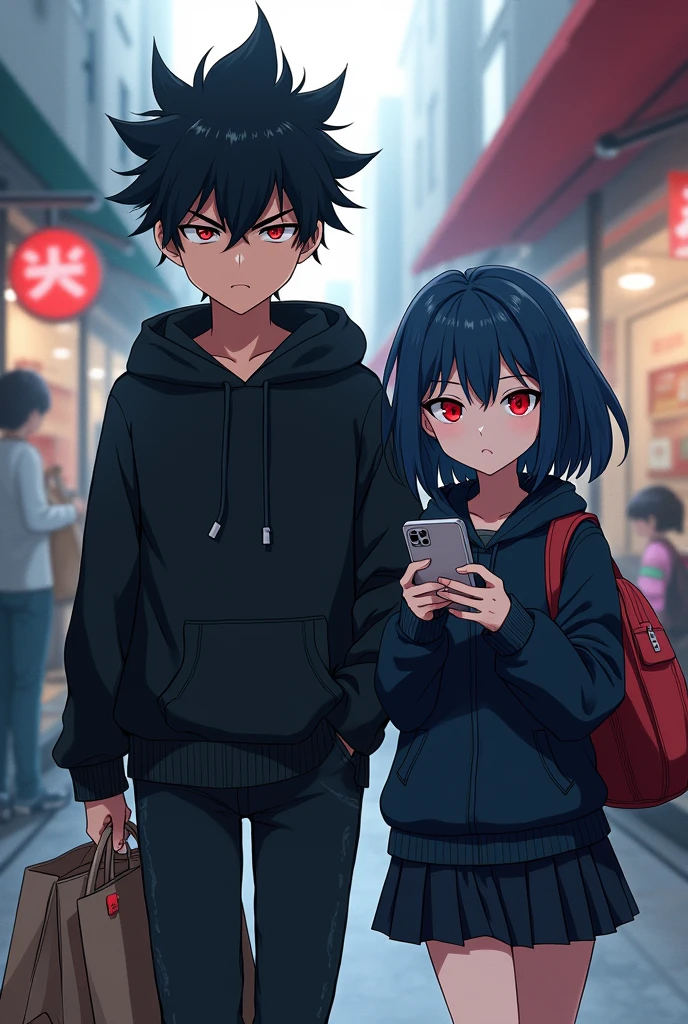 A boy ((( Anime boy , Spiky hair , black hair , black hoodie , blood red eyes , narrowed eye , carrying 2 bags ))) , A girl ((( Anime girl , dark blue hair , modern day mullet hair style , black hoodie , red eyes , almond eye , using phone ))) , shopping background