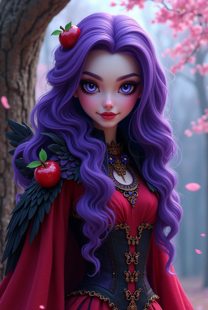 Imagem do filho da Raven Queen e da Apple White de Ever After High: A teenager, with purple hair, Caucasian skin, blue colored eyes, red and purple outfit with apple and crow elements on the outfit 