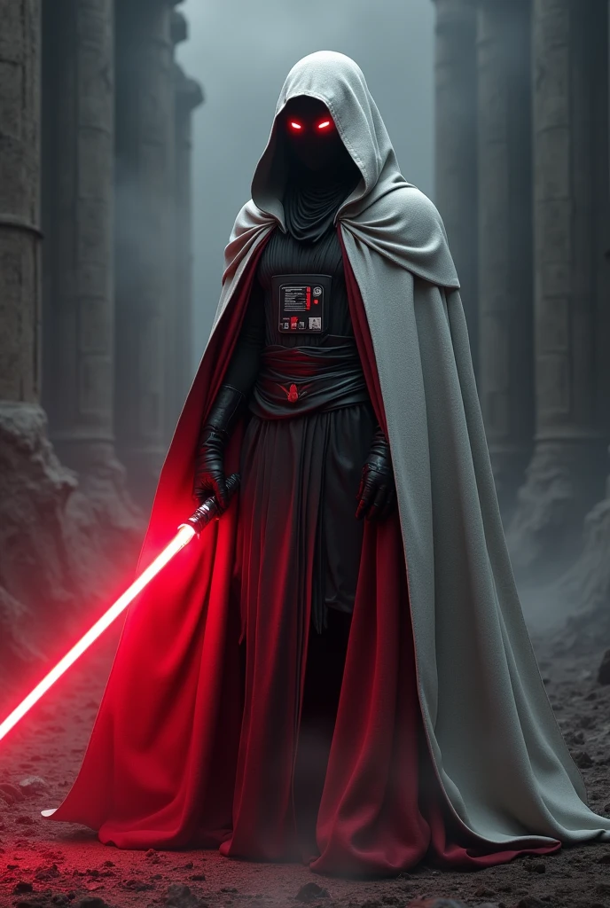 The country poland as a Sith Lord from Star Wars, Cape colors white and red, red lightsaber, scary, frightening, ultra-realistic