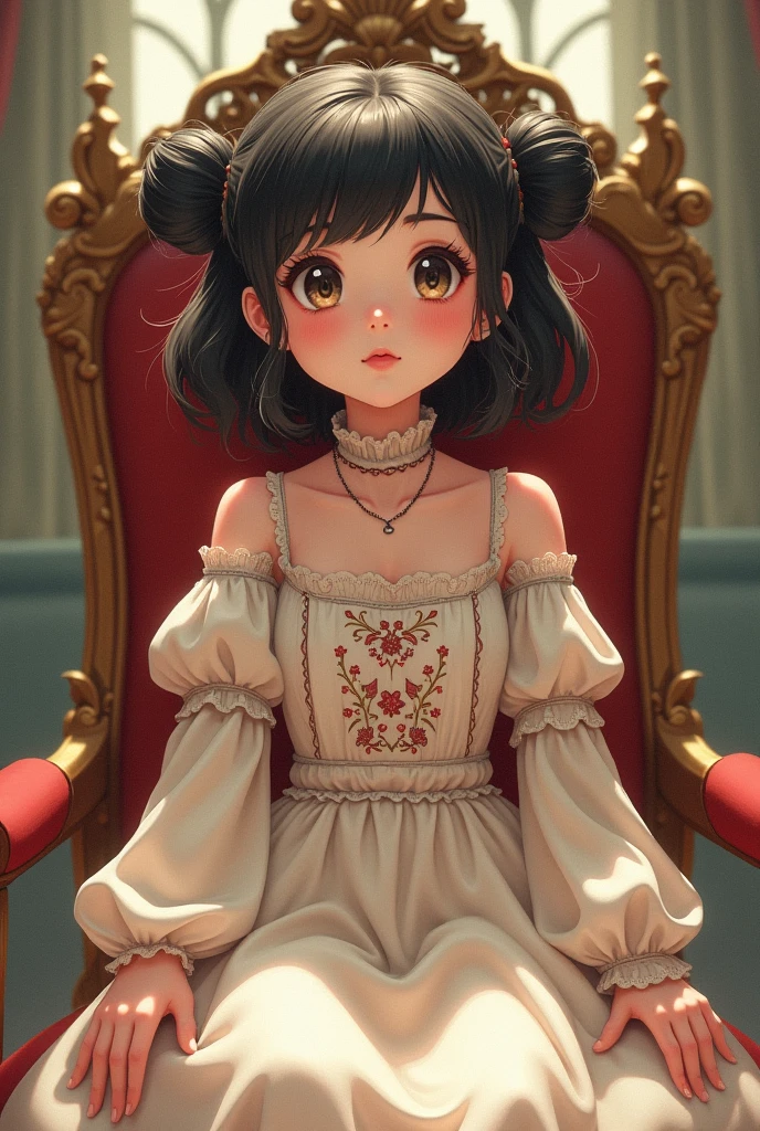 Cute girl with black shiny hair and space buns, wearing a vintage long sleeved bodice with a flowy dress underneath, sitting on a throne shyly looking up with a blush on her face (manga)