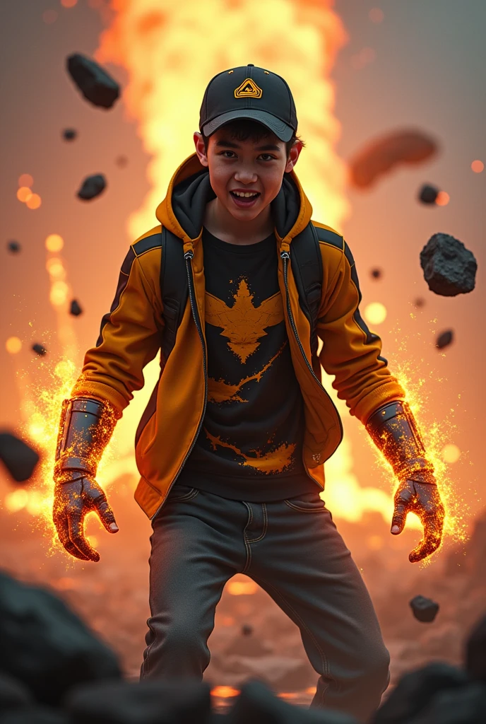 a young real boy age 15 Malaysia Indonesia . wearing an (black yellow ) zip-up shirt, (black yellow ) cap with small (mountain) logo, detailed face, cinematic lighting, dramatic atmosphere, vibrant colors, 8k, high quality, photorealistic. Hero suit. (Soil)come from his hand. Hand big lava glove.jeans pants. Very strong. Future design dress. Very epic.