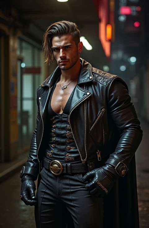 a fit man in full leather attire, KAKE: a fetish leatherman, confident pose, wearing fitted BLUF leather uniform, leather rocker jacket with big collar and metal studs, tight leather pants outlining exaggerated bulge, tall shiny riding black leather boots, long gauntlet gloves, classic officer leather cap, vibrant urban setting, bold and edgy atmosphere, (best quality,4k,8k,highres,masterpiece:1.2),ultra-detailed,(realistic,photorealistic,photo-realistic:1.37),extremely detailed face and body, HDR, UHD, studio lighting, ultra-fine painting, sharp focus, physically-based rendering, professional, vivid colors, cinematic lighting