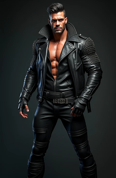 a fit man in full leather attire, KAKE: a fetish leatherman, confident pose, wearing fitted BLUF leather uniform, leather rocker jacket with big collar and metal studs, tight leather pants outlining exaggerated bulge, tall shiny riding black leather boots, long gauntlet gloves, classic officer leather cap, vibrant urban setting, bold and edgy atmosphere, (best quality,4k,8k,highres,masterpiece:1.2),ultra-detailed,(realistic,photorealistic,photo-realistic:1.37),extremely detailed face and body, HDR, UHD, studio lighting, ultra-fine painting, sharp focus, physically-based rendering, professional, vivid colors, cinematic lighting