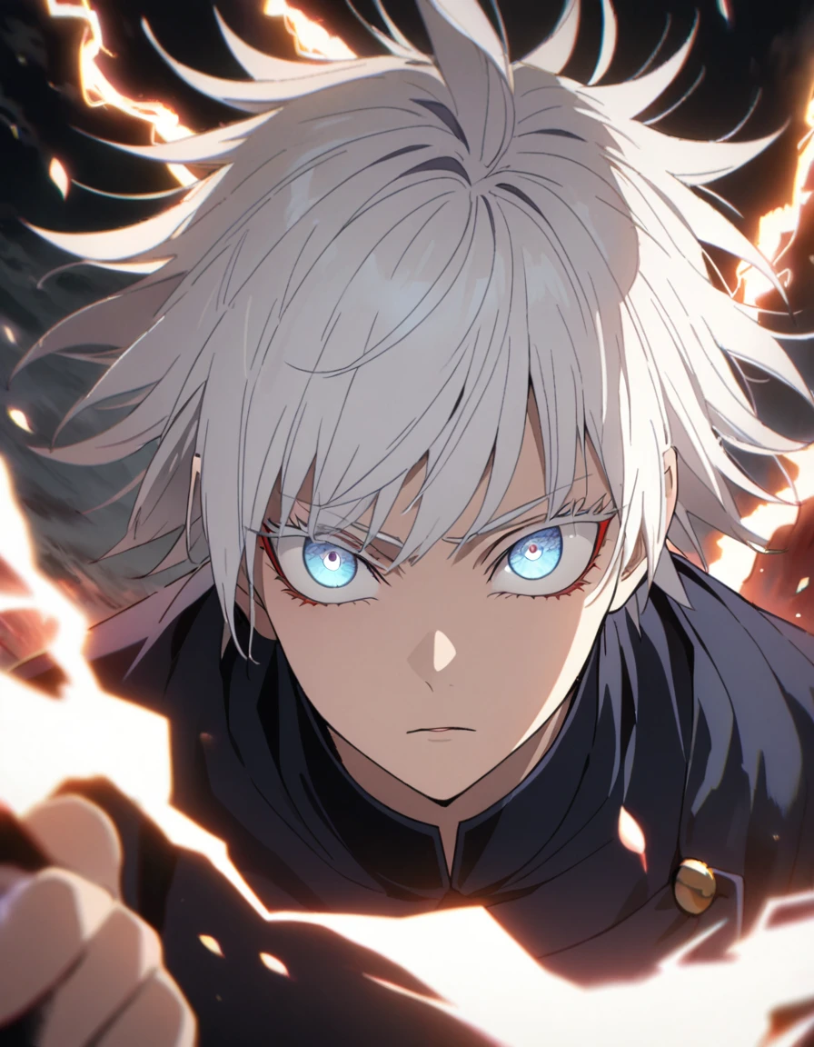 4K, Very detailed, High resolution, White hair with bangs, Gojo Satoru, Expressive blue eyes, White eye lashes, Red Lightning, petal, good looking, JUJUTSU KAİSEN, Only 1 person,