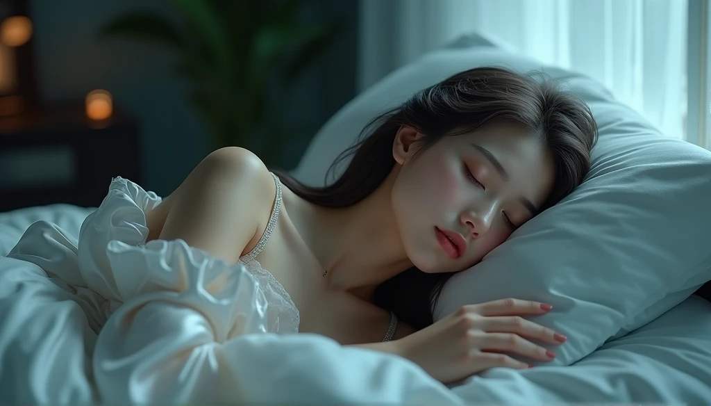 Beautiful woman,((24-years-old)),Moonlight glow,At night,Sleep,((Sleep)),bed,By the window,Lying down,Full Body Shot,close your eyes,Silk Costume